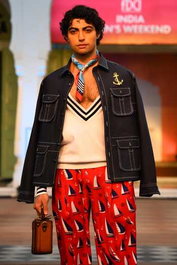 Buy_MR. Ajay Kumar_Blue Cotton Satin, Lycra Embroidery Bluemarine Denim Hunter Jacket _at_Aza_Fashions