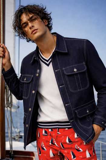 MR. Ajay Kumar_Blue Cotton Satin, Lycra Embroidery Bluemarine Denim Hunter Jacket _Online