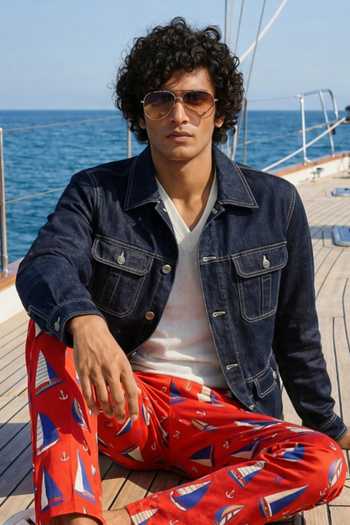 Buy_MR. Ajay Kumar_Blue Cotton Satin, Lycra Embroidery Bluemarine Denim Hunter Jacket _Online