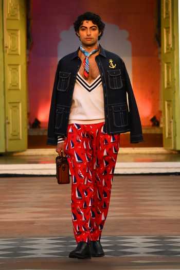 Shop_MR. Ajay Kumar_Blue Cotton Satin, Lycra Embroidery Bluemarine Denim Hunter Jacket _Online