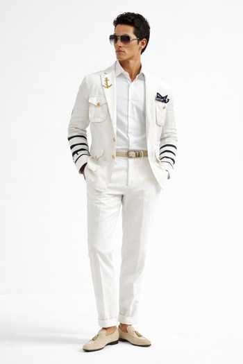 MR. Ajay Kumar_White Linen Nautical Hunter Blazer _Online_at_Aza_Fashions