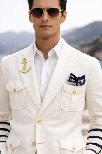 Shop_MR. Ajay Kumar_White Linen Nautical Hunter Blazer _Online_at_Aza_Fashions