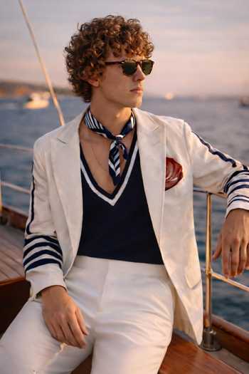 Buy_MR. Ajay Kumar_White Linen Nautical Hunter Blazer 