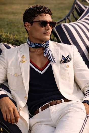 Buy_MR. Ajay Kumar_White Linen Nautical Hunter Blazer _Online