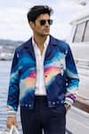 Buy_MR. Ajay Kumar_Blue Cotton Satin, Lycra Seafarer Print Double Breasted Blazer _at_Aza_Fashions