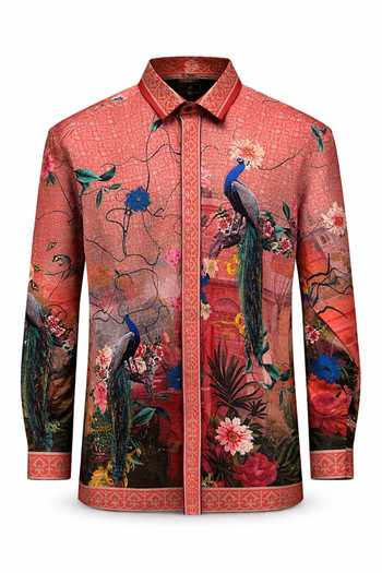 Shop_MR. Ajay Kumar_Multi Color Cotton Riyaz Red Printed Shirt _at_Aza_Fashions
