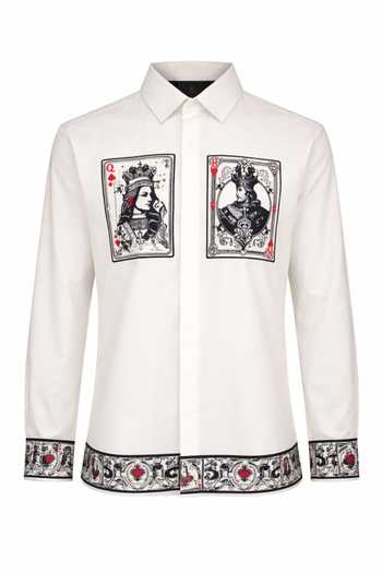 MR. Ajay Kumar_Ivory Cotton Taash Black Print Shirt _Online_at_Aza_Fashions