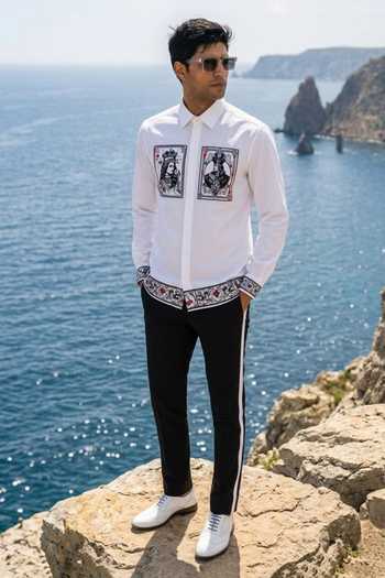 Shop_MR. Ajay Kumar_Ivory Cotton Taash Black Print Shirt _Online_at_Aza_Fashions