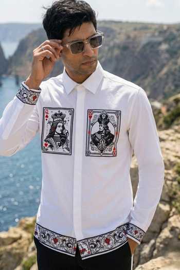 Buy_MR. Ajay Kumar_Ivory Cotton Taash Black Print Shirt _at_Aza_Fashions