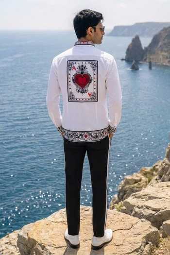 Shop_MR. Ajay Kumar_Ivory Cotton Taash Black Print Shirt _at_Aza_Fashions