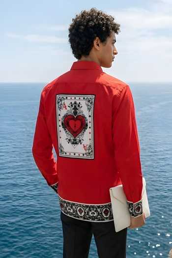 Shop_MR. Ajay Kumar_Red Cotton Taash Print Shirt _at_Aza_Fashions