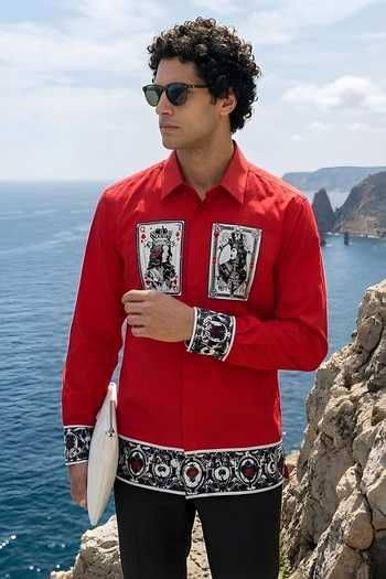 Buy_MR. Ajay Kumar_Red Cotton Taash Print Shirt _at_Aza_Fashions