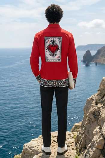 MR. Ajay Kumar_Red Cotton Taash Print Shirt _Online_at_Aza_Fashions