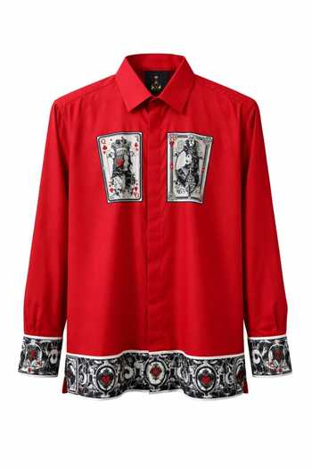 Shop_MR. Ajay Kumar_Red Cotton Taash Print Shirt _Online_at_Aza_Fashions