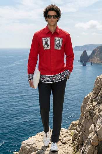 MR. Ajay Kumar_Red Cotton Taash Print Shirt _at_Aza_Fashions