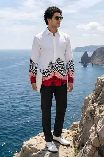 Shop_MR. Ajay Kumar_Multi Color Cotton White Wave Print Shirt _Online_at_Aza_Fashions