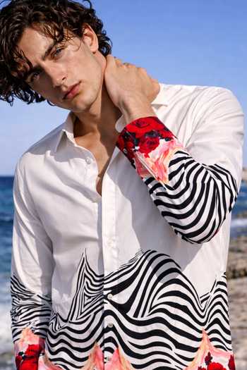 MR. Ajay Kumar_Multi Color Cotton White Wave Print Shirt _at_Aza_Fashions