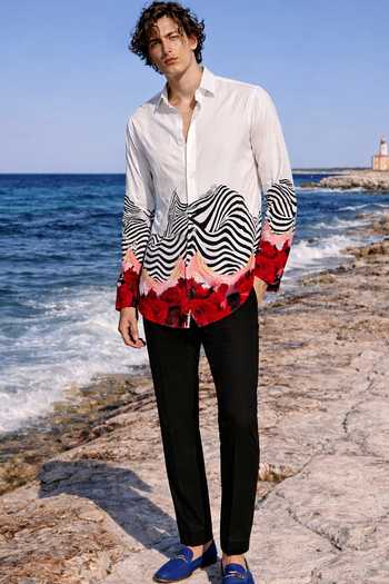 Shop_MR. Ajay Kumar_Multi Color Cotton White Wave Print Shirt 