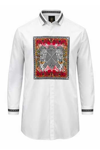 Buy_MR. Ajay Kumar_White Cotton Wave Tiger Print Shirt _Online_at_Aza_Fashions