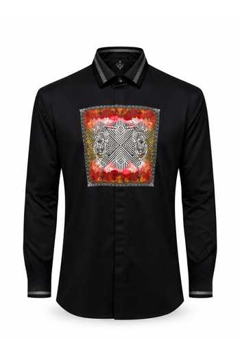 Buy_MR. Ajay Kumar_Black Cotton Dual Tiger Centre Print Shirt _Online_at_Aza_Fashions