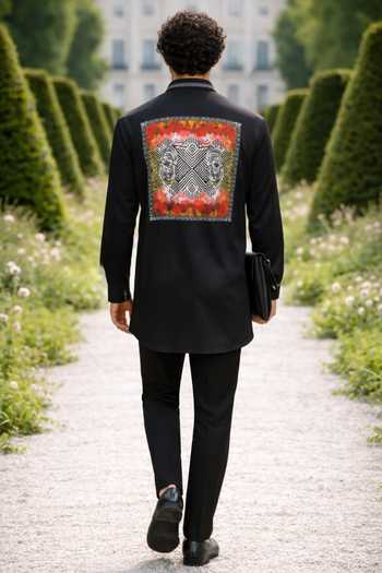 Shop_MR. Ajay Kumar_Black Cotton Dual Tiger Centre Print Shirt _at_Aza_Fashions