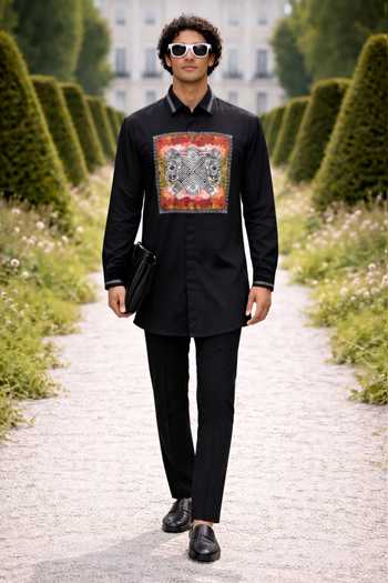 Shop_MR. Ajay Kumar_Black Cotton Dual Tiger Centre Print Shirt _Online_at_Aza_Fashions