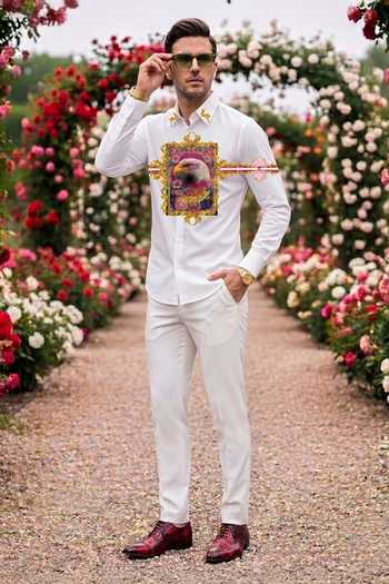 Shop_MR. Ajay Kumar_White Cotton Eagle Print Shirt _at_Aza_Fashions