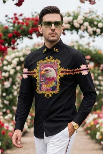 Buy_MR. Ajay Kumar_Black Cotton Eagle Print Shirt _at_Aza_Fashions