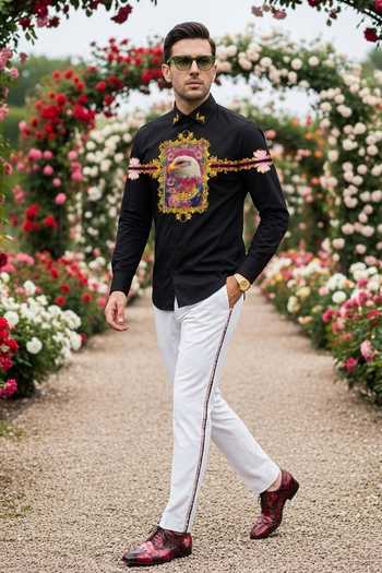 Shop_MR. Ajay Kumar_Black Cotton Eagle Print Shirt _at_Aza_Fashions