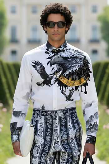 Shop_MR. Ajay Kumar_White Cotton Hawkes Print Shirt _at_Aza_Fashions