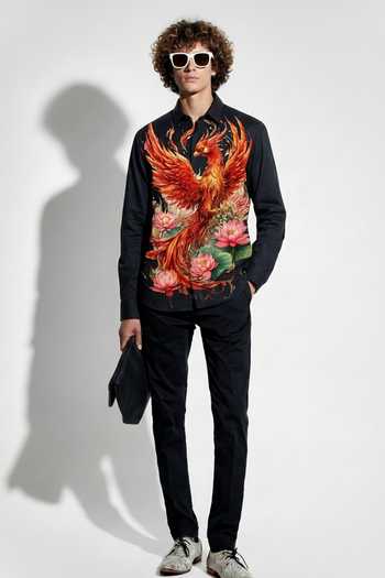 Shop_MR. Ajay Kumar_Black Cotton Falcon Print Shirt _at_Aza_Fashions