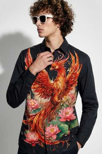Buy_MR. Ajay Kumar_Black Cotton Falcon Print Shirt _Online_at_Aza_Fashions