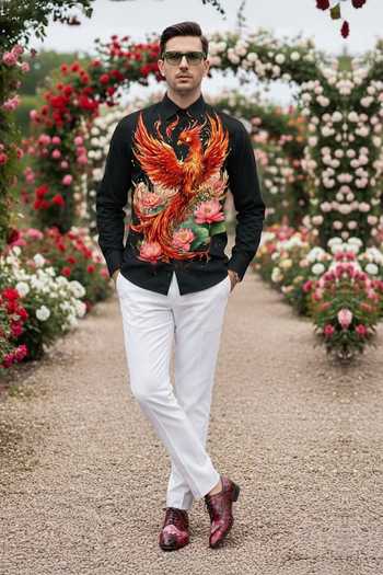 Shop_MR. Ajay Kumar_Black Cotton Falcon Print Shirt _Online_at_Aza_Fashions