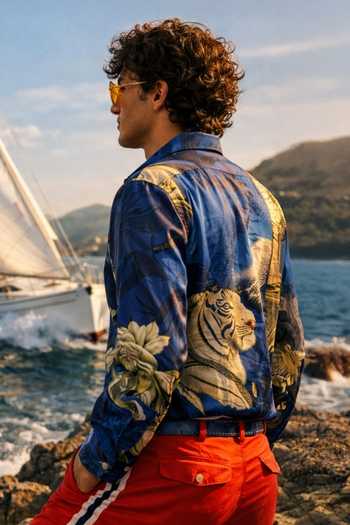 Shop_MR. Ajay Kumar_Multi Color Cotton Blue Tiger Signature Print Shirt _at_Aza_Fashions