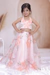 Buy_Little Loom_Peach Organza, Satin Embroidery Thread Work Lehenga Set _at_Aza_Fashions