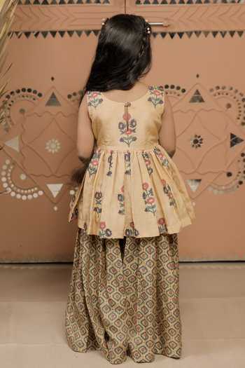 Shop_Tiny Colour_Beige Silk Embroidery, Tassels Printed Peplum Kurta And Sharara Set _at_Aza_Fashions