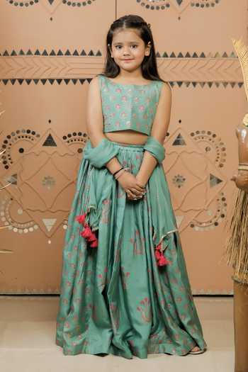 Buy_Tiny Colour_Green Silk, Chiffon Tassels Floral Block Print Lehenga Set _at_Aza_Fashions