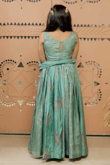 Shop_Tiny Colour_Green Silk, Chiffon Tassels Floral Block Print Lehenga Set _at_Aza_Fashions