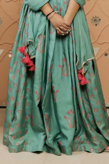 Buy_Tiny Colour_Green Silk, Chiffon Tassels Floral Block Print Lehenga Set _Online_at_Aza_Fashions