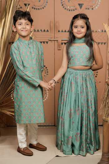 Shop_Tiny Colour_Green Silk, Chiffon Tassels Floral Block Print Lehenga Set 