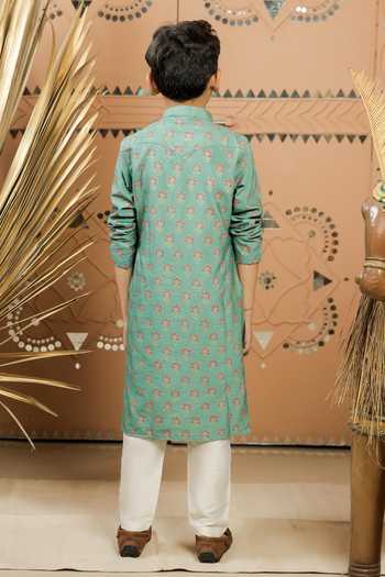 Shop_Tiny Colour_Green Silk, Cotton Floral Block Print Kurta Set _at_Aza_Fashions