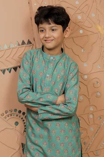 Shop_Tiny Colour_Green Silk, Cotton Floral Block Print Kurta Set _Online_at_Aza_Fashions