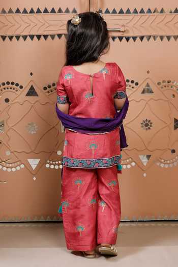 Shop_Tiny Colour_Pink Silk, Georgette Tassels, Lace Floral Block Print Kurta Pyjama Set _at_Aza_Fashions