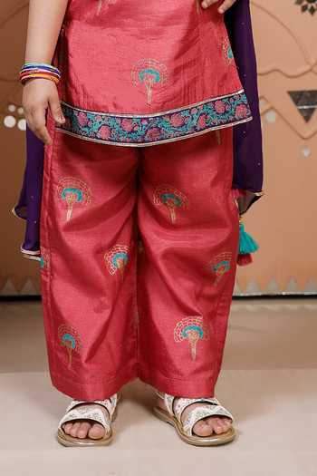 Tiny Colour_Pink Silk, Georgette Tassels, Lace Floral Block Print Kurta Pyjama Set _Online_at_Aza_Fashions