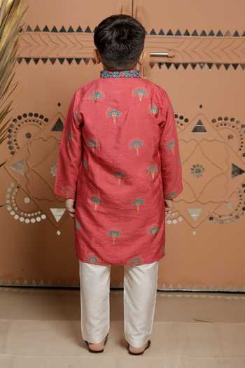 Shop_Tiny Colour_Pink Silk, Cotton Floral Block Print Kurta And Pyjama Set _at_Aza_Fashions