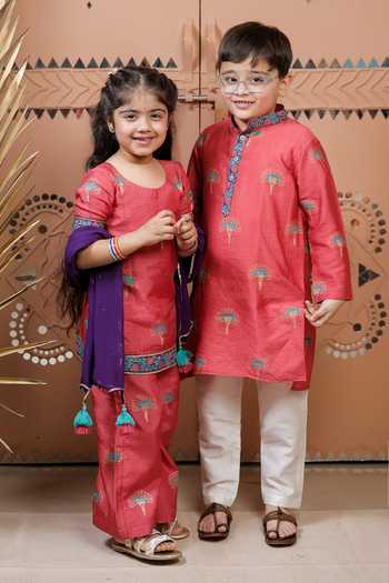 Shop_Tiny Colour_Pink Silk, Cotton Floral Block Print Kurta And Pyjama Set _Online_at_Aza_Fashions