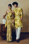 Studio 113_Yellow Silk, Chanderi Floral Print Kurta _Online_at_Aza_Fashions