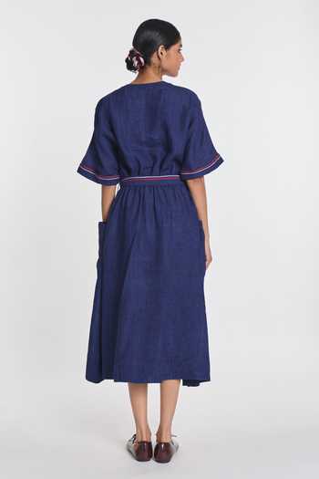 Shop_Payal Pratap_Navy Linen V-neck Willow Midi Dress With Belt _at_Aza_Fashions