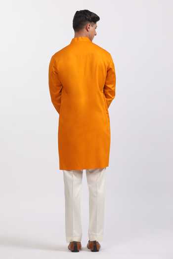 Shop_Agraj Jain_Orange Silk, Cotton, Bamboo Sequins Silver Geometric Box Kurta Set _at_Aza_Fashions