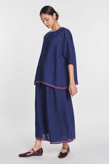 Shop_Payal Pratap_Navy Linen Round Neck Bergamot Drop Shoulder Top _Online_at_Aza_Fashions